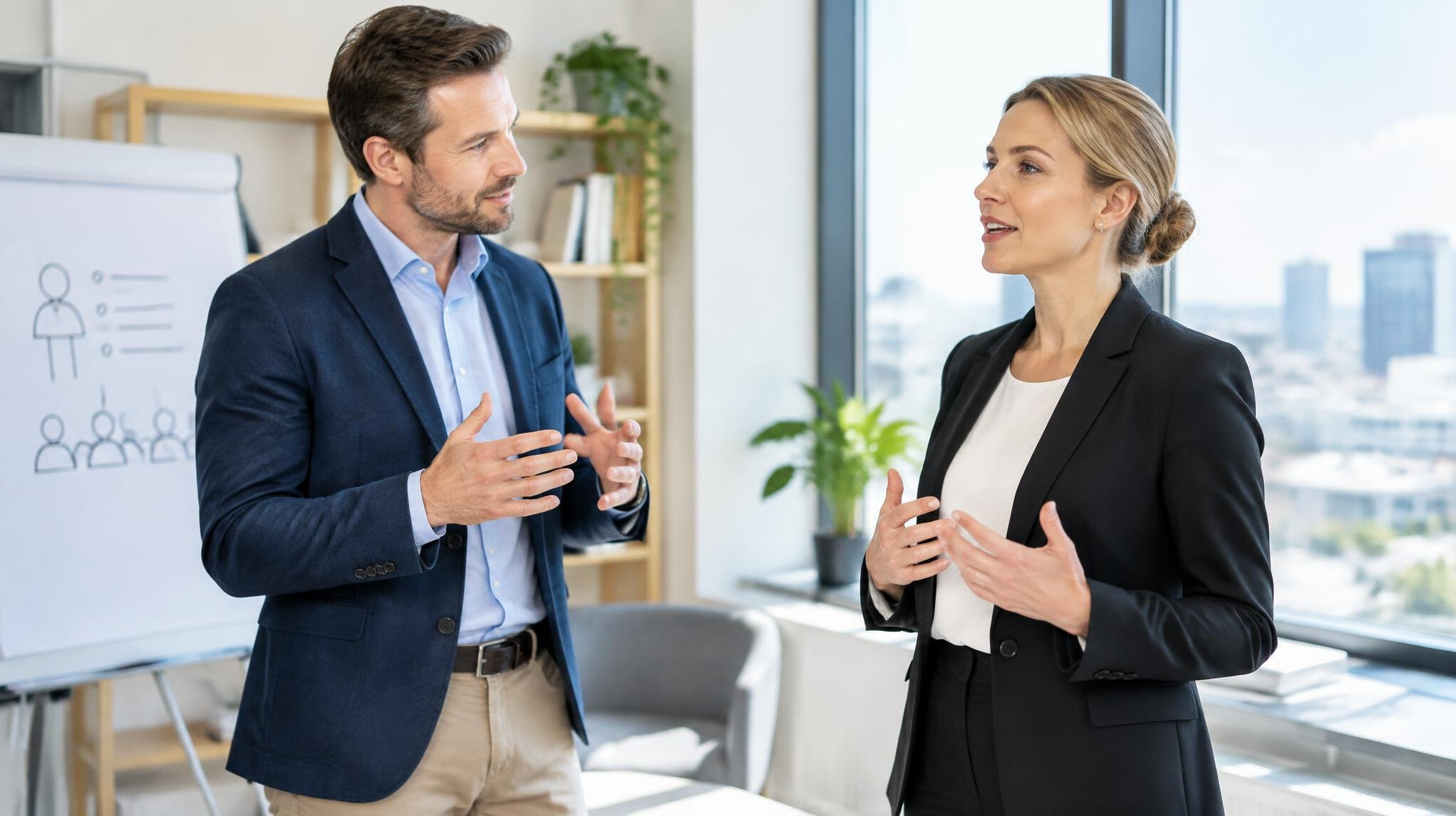 Communication coach training a speaker in an office