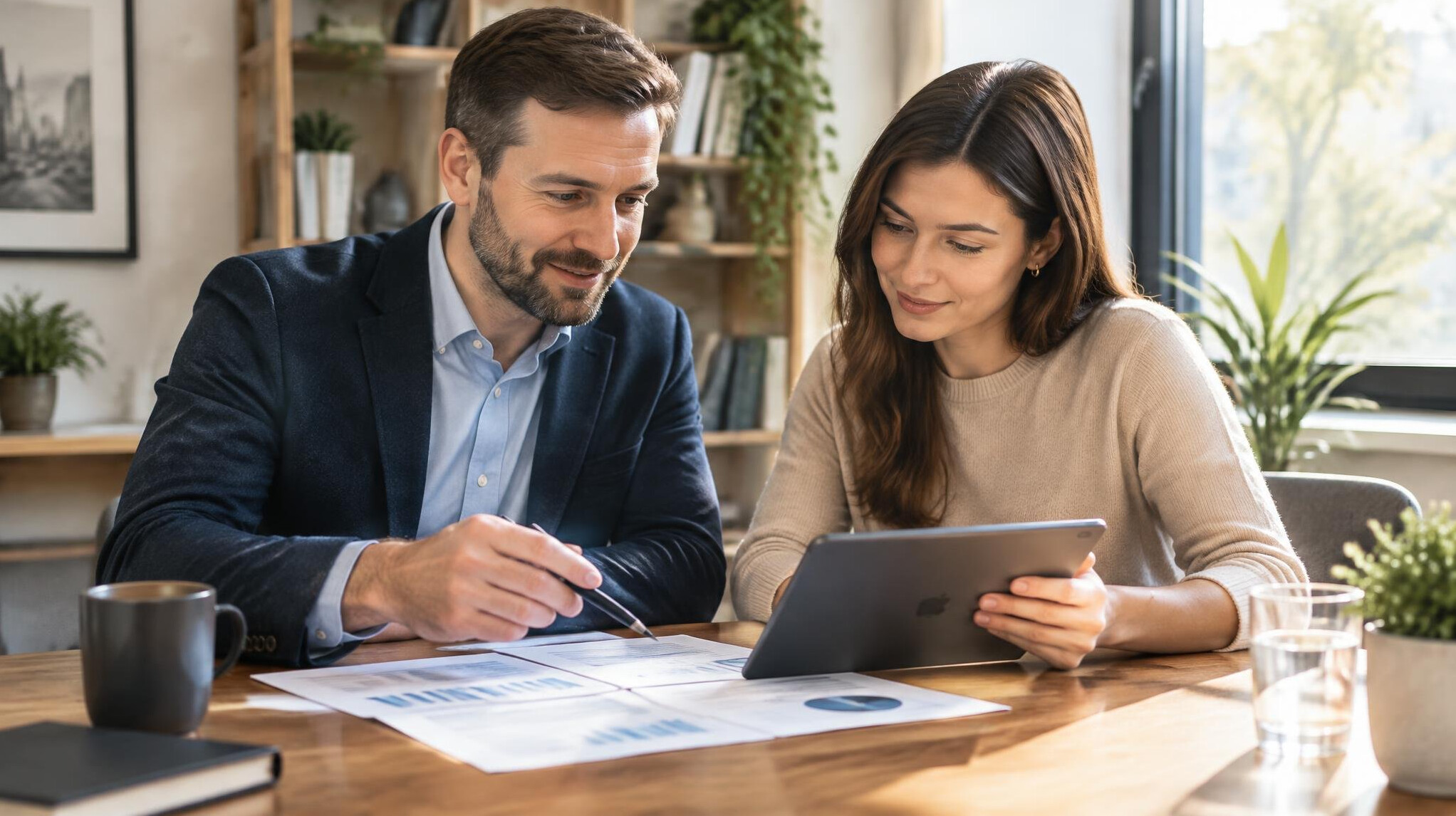 Consultant and client reviewing documents at a table