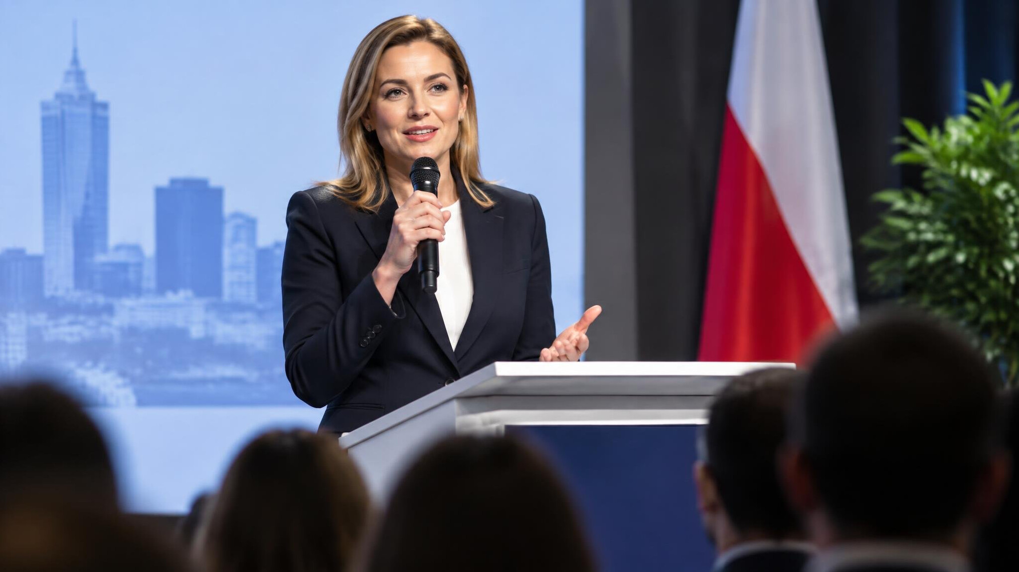 Executive giving a speech at a company event