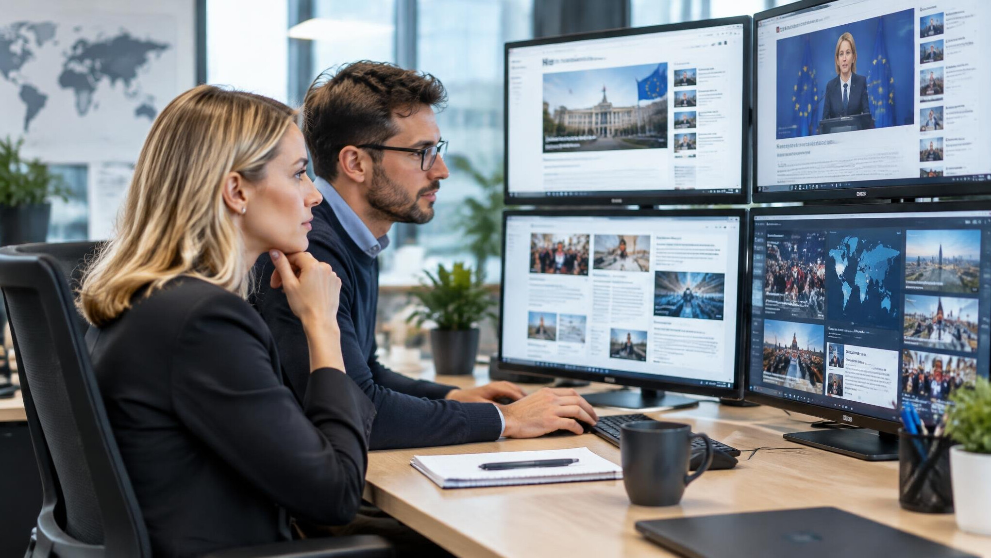Media team monitoring press coverage on multiple screens