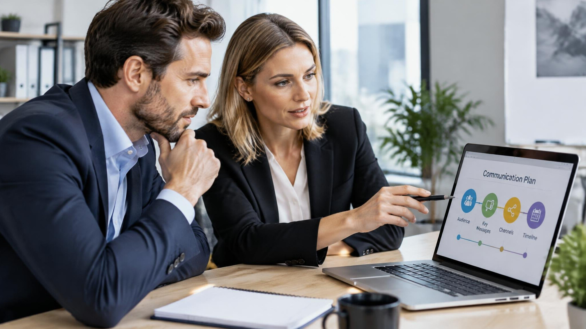 Two colleagues reviewing a communication plan on a laptop
