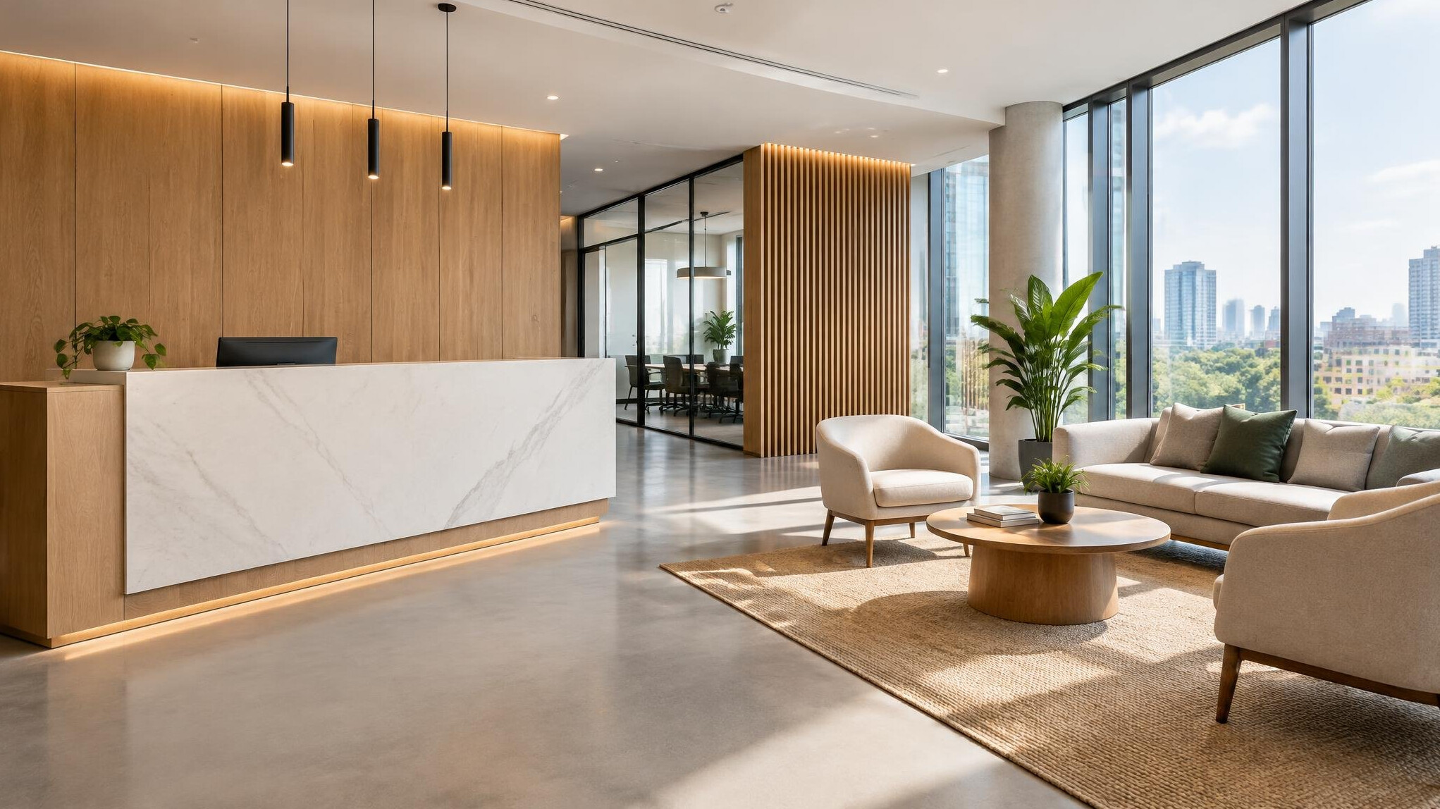 Modern office reception area with seating
