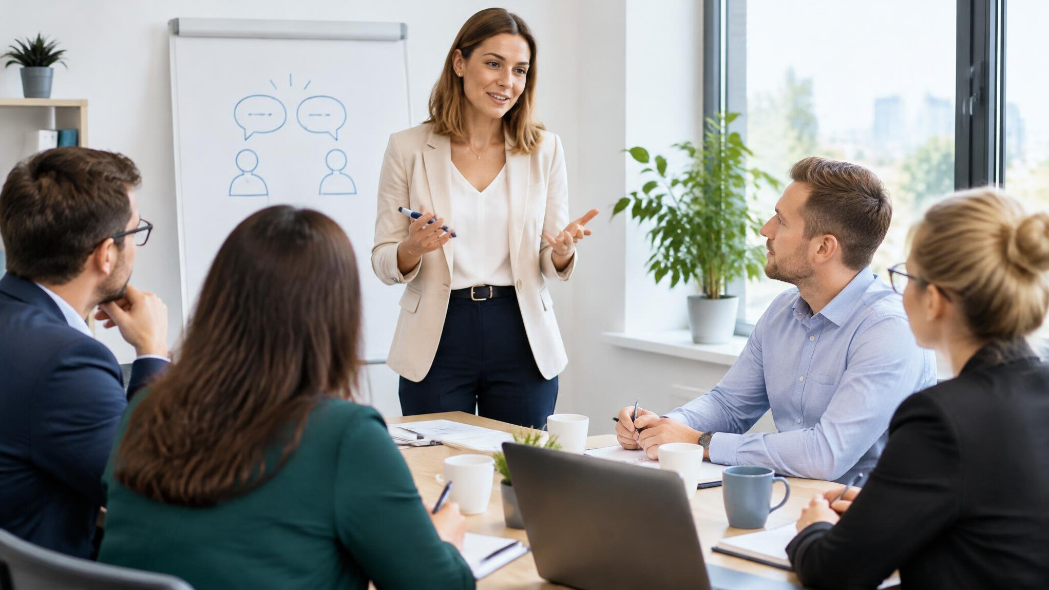 Trainer presenting to a small group in a workshop