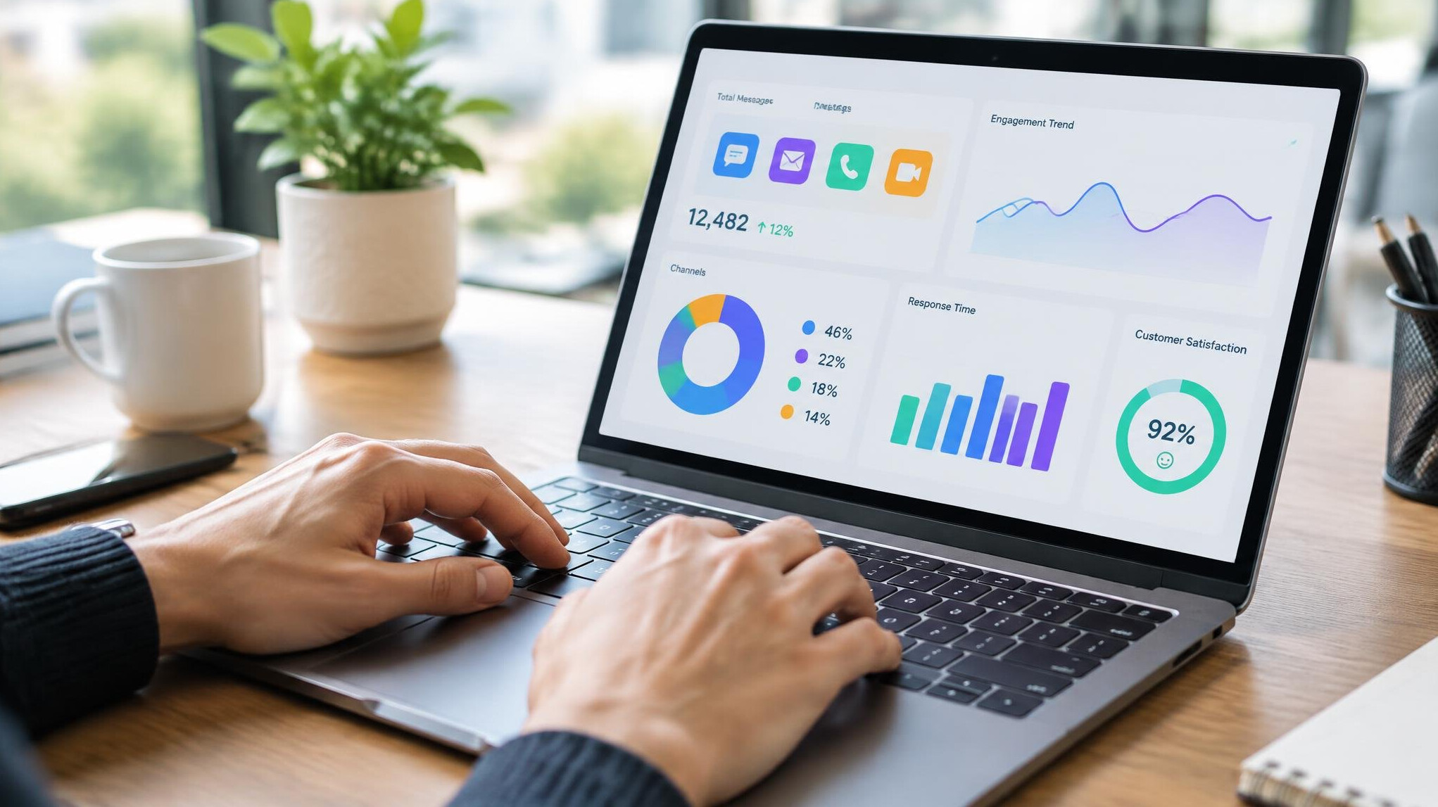 Close-up of hands typing on a laptop with analytics dashboard
