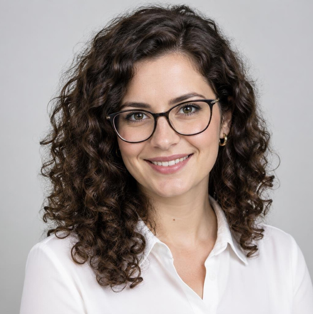Studio portrait of a smiling Polish businesswoman with glasses