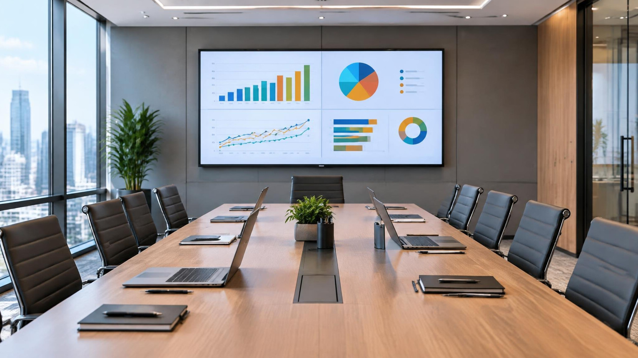 Conference room screen displaying business charts